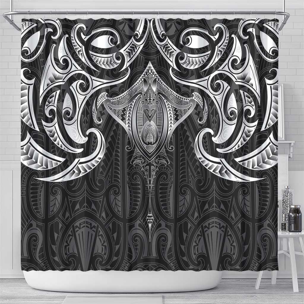 New Zealand Aotearoa Shower Curtain Maori Manta Ray Moko Black - Polynesian Pride