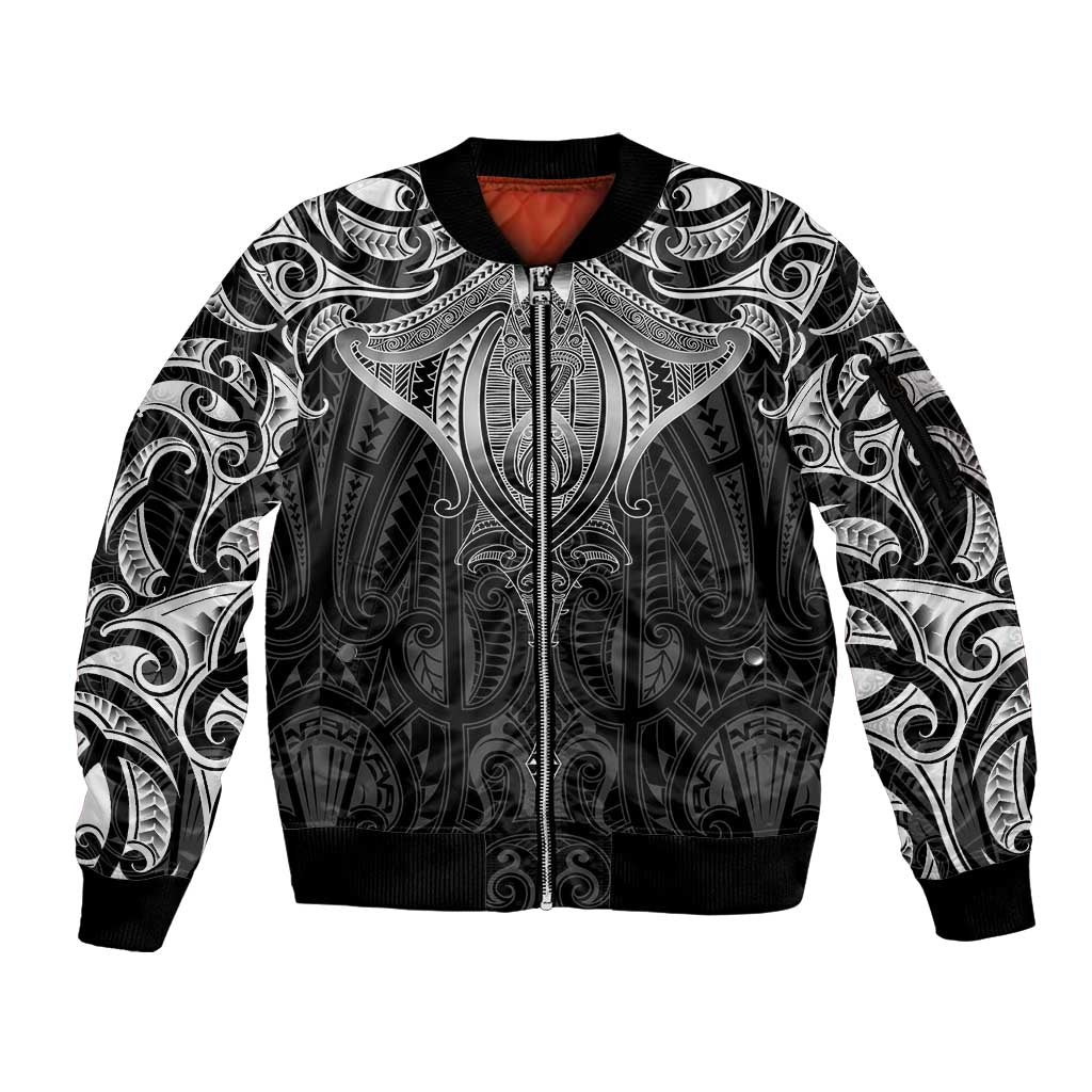 New Zealand Aotearoa Sleeve Zip Bomber Jacket Maori Manta Ray Moko Black - Polynesian Pride