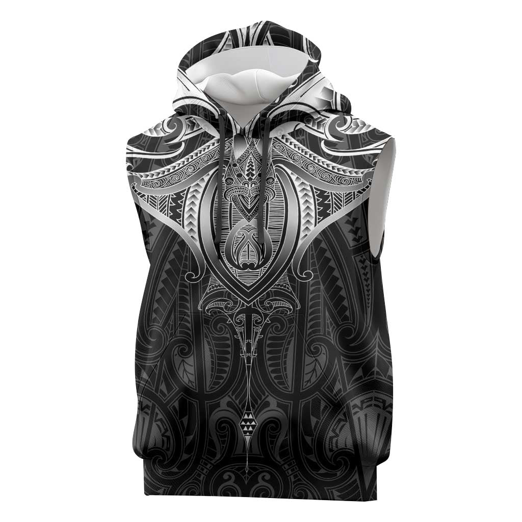 New Zealand Aotearoa Sleeveless Hoodie Maori Manta Ray Moko Black - Polynesian Pride