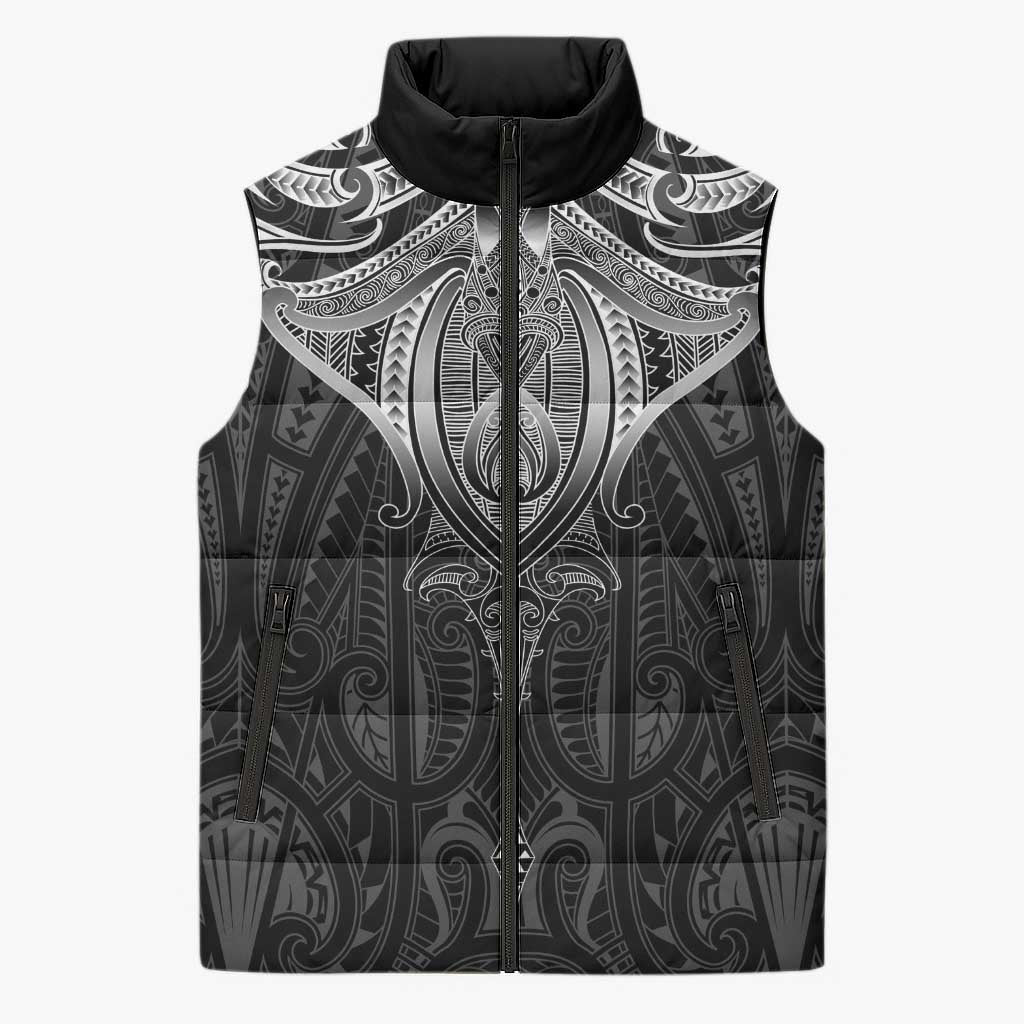 New Zealand Aotearoa Sleeveless Puffer Jacket Maori Manta Ray Moko Black - Polynesian Pride