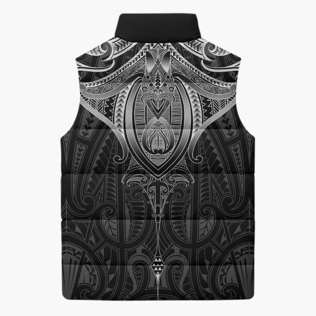 New Zealand Aotearoa Sleeveless Puffer Jacket Maori Manta Ray Moko Black - Polynesian Pride