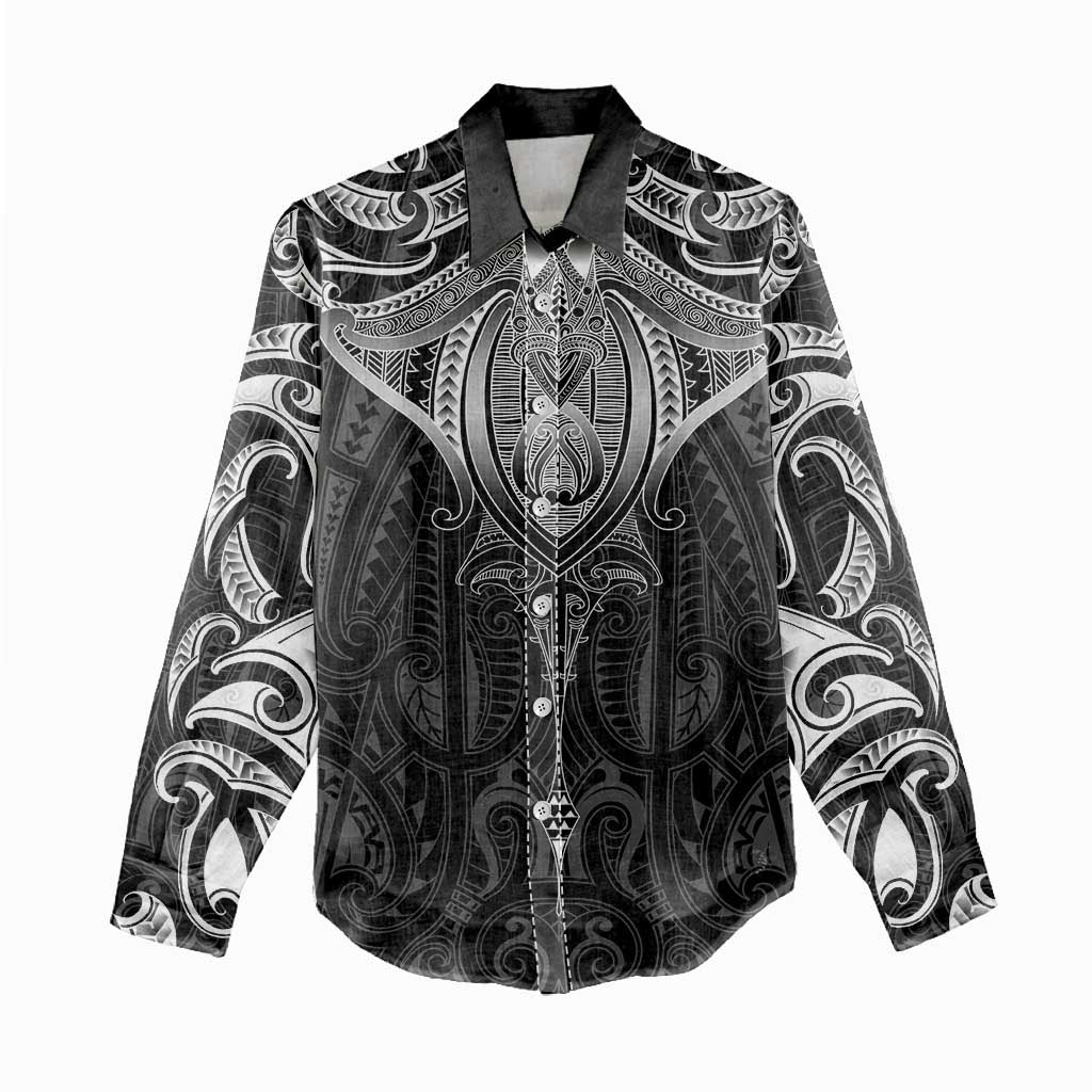 New Zealand Aotearoa Women Casual Shirt Maori Manta Ray Moko Black - Polynesian Pride