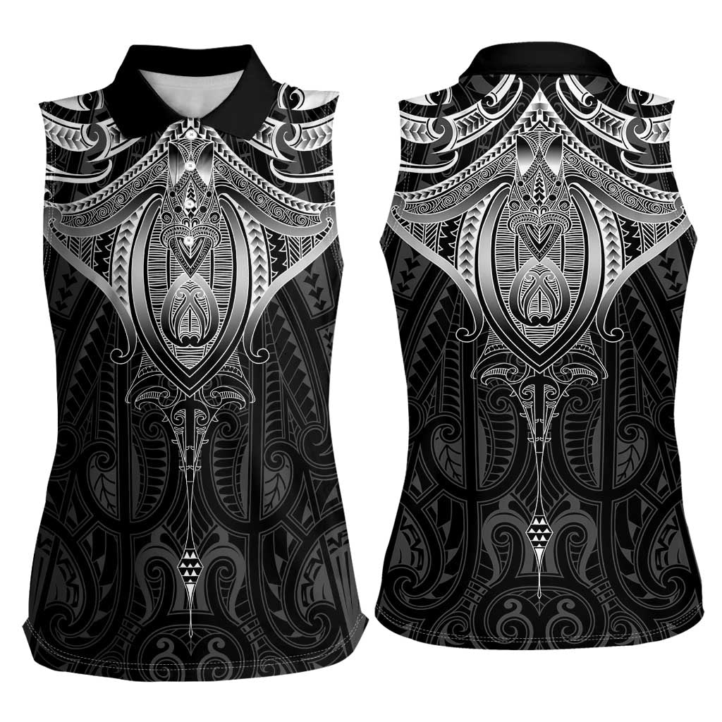 New Zealand Aotearoa Women Sleeveless Polo Shirt Maori Manta Ray Moko Black - Polynesian Pride