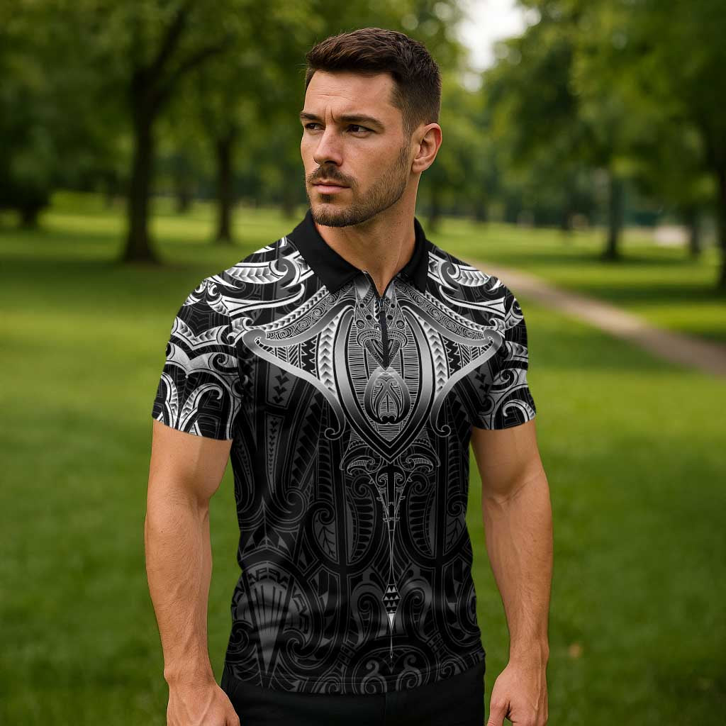 New Zealand Aotearoa Zipper Polo Shirt Maori Manta Ray Moko Black - Polynesian Pride