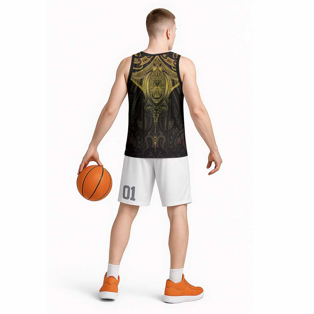 New Zealand Aotearoa Basketball Jersey Maori Manta Ray Moko Gold - Polynesian Pride