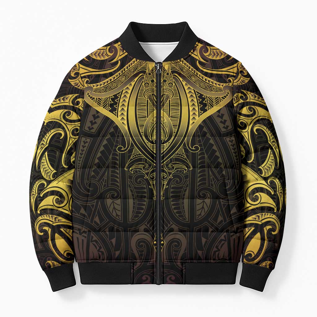 New Zealand Aotearoa Bomber Puffer Jacket Maori Manta Ray Moko Gold - Polynesian Pride