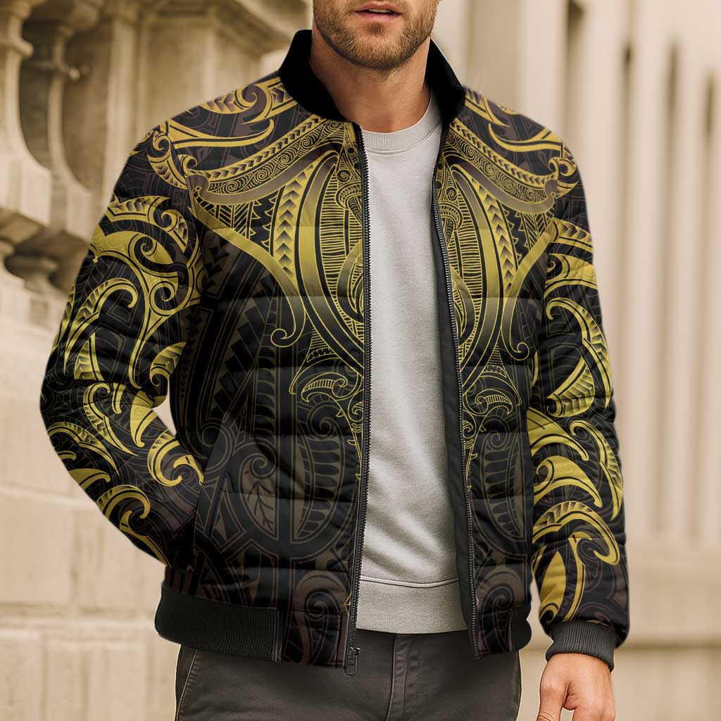 New Zealand Aotearoa Bomber Puffer Jacket Maori Manta Ray Moko Gold - Polynesian Pride