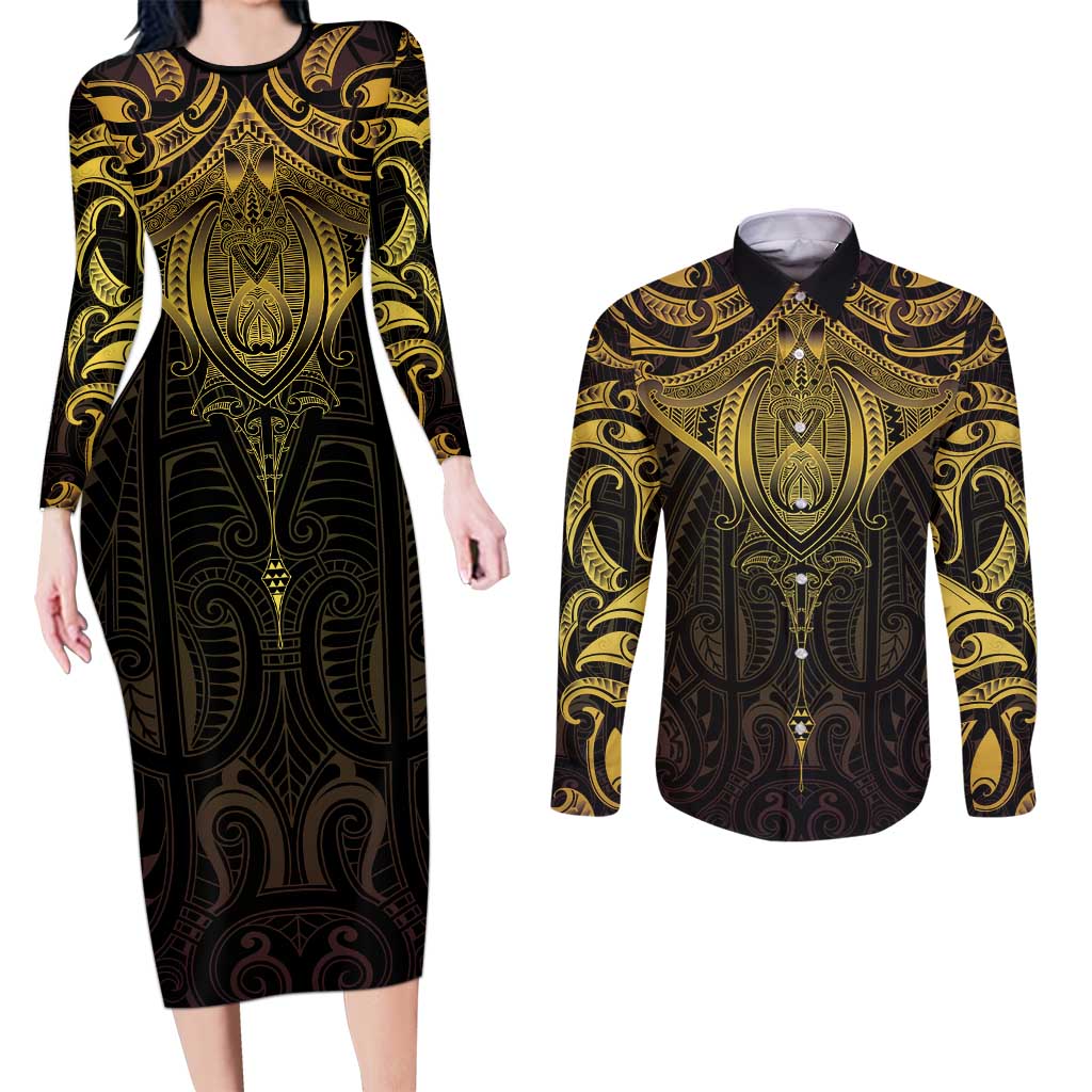 New Zealand Aotearoa Couples Matching Long Sleeve Bodycon Dress and Long Sleeve Button Shirt Maori Manta Ray Moko Gold - Polynesian Pride