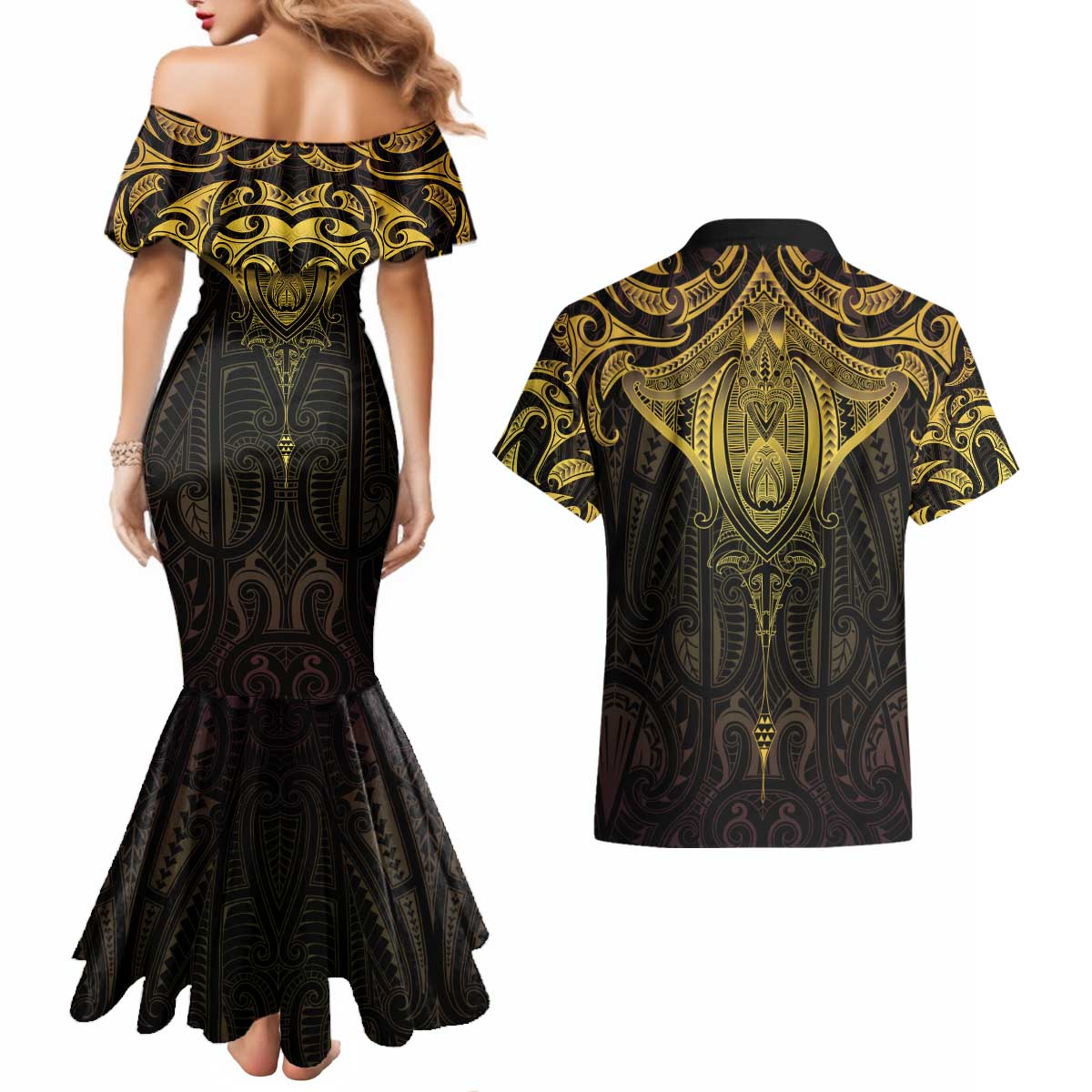 New Zealand Aotearoa Couples Matching Mermaid Dress and Hawaiian Shirt Maori Manta Ray Moko Gold - Polynesian Pride