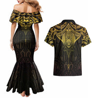 New Zealand Aotearoa Couples Matching Mermaid Dress and Hawaiian Shirt Maori Manta Ray Moko Gold - Polynesian Pride