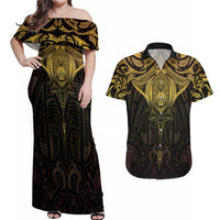 New Zealand Aotearoa Couples Matching Off Shoulder Maxi Dress and Hawaiian Shirt Maori Manta Ray Moko Gold - Polynesian Pride