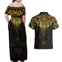 New Zealand Aotearoa Couples Matching Off Shoulder Maxi Dress and Hawaiian Shirt Maori Manta Ray Moko Gold - Polynesian Pride