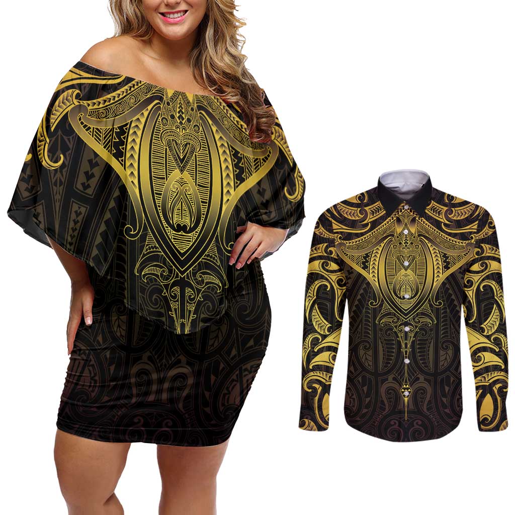 New Zealand Aotearoa Couples Matching Off Shoulder Short Dress and Long Sleeve Button Shirt Maori Manta Ray Moko Gold - Polynesian Pride