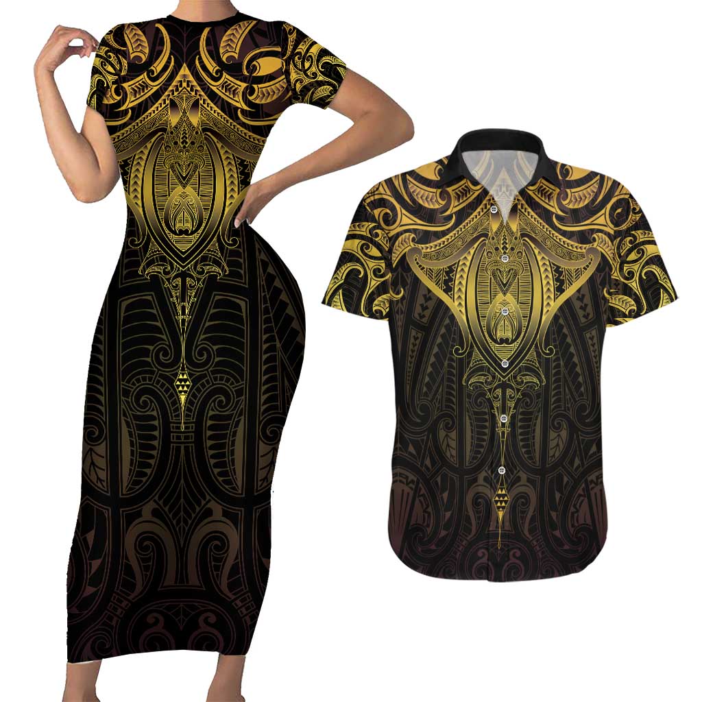 New Zealand Aotearoa Couples Matching Short Sleeve Bodycon Dress and Hawaiian Shirt Maori Manta Ray Moko Gold - Polynesian Pride