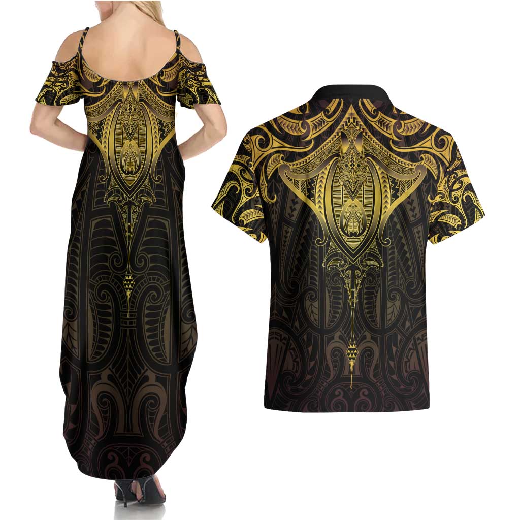 New Zealand Aotearoa Couples Matching Summer Maxi Dress and Hawaiian Shirt Maori Manta Ray Moko Gold - Polynesian Pride