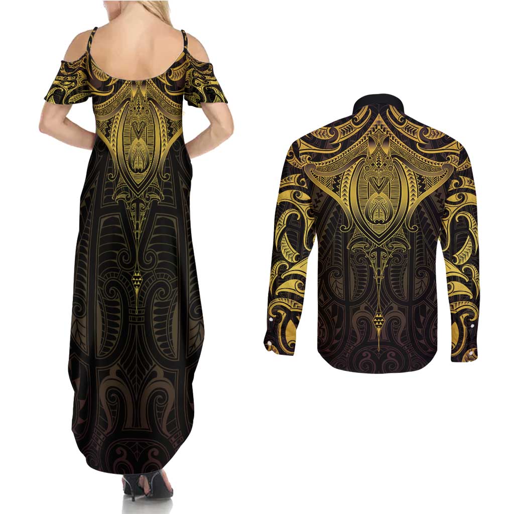 New Zealand Aotearoa Couples Matching Summer Maxi Dress and Long Sleeve Button Shirt Maori Manta Ray Moko Gold - Polynesian Pride