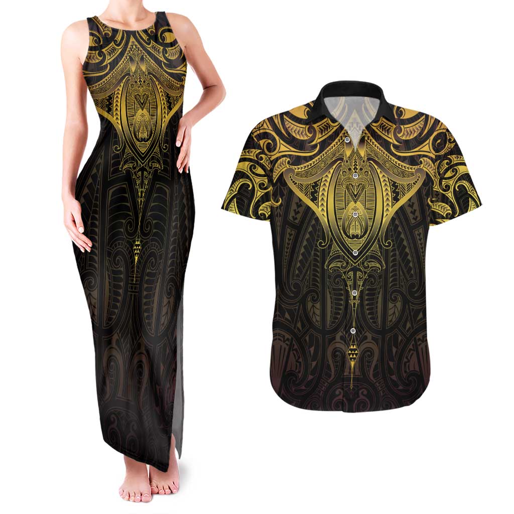 New Zealand Aotearoa Couples Matching Tank Maxi Dress and Hawaiian Shirt Maori Manta Ray Moko Gold - Polynesian Pride