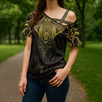 New Zealand Aotearoa Cross Shoulder Shirt Maori Manta Ray Moko Gold - Polynesian Pride