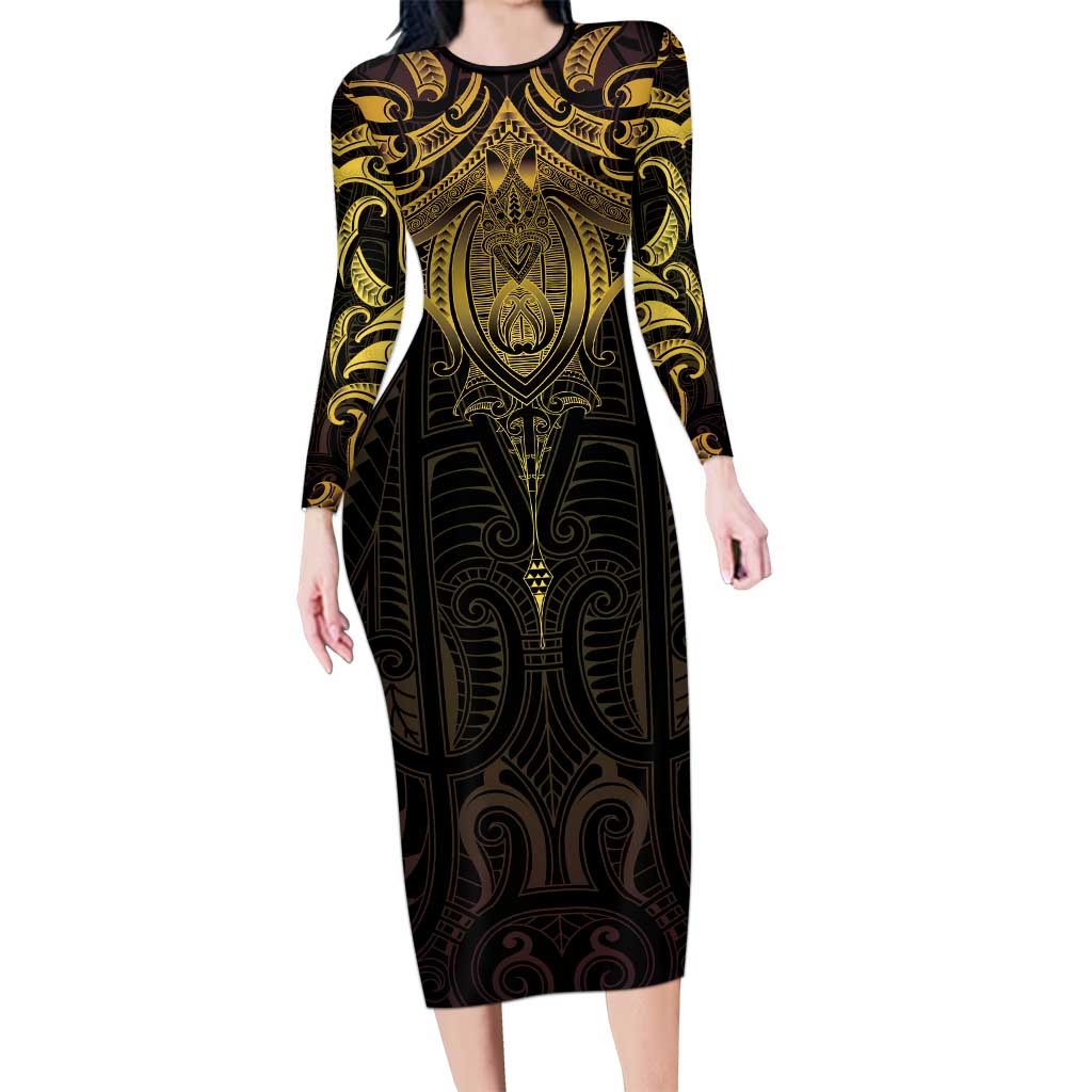 New Zealand Aotearoa Family Matching Long Sleeve Bodycon Dress and Hawaiian Shirt Maori Manta Ray Moko Gold - Polynesian Pride