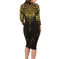 New Zealand Aotearoa Family Matching Long Sleeve Bodycon Dress and Hawaiian Shirt Maori Manta Ray Moko Gold - Polynesian Pride