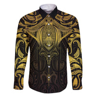 New Zealand Aotearoa Family Matching Off The Shoulder Long Sleeve Dress and Hawaiian Shirt Maori Manta Ray Moko Gold - Polynesian Pride