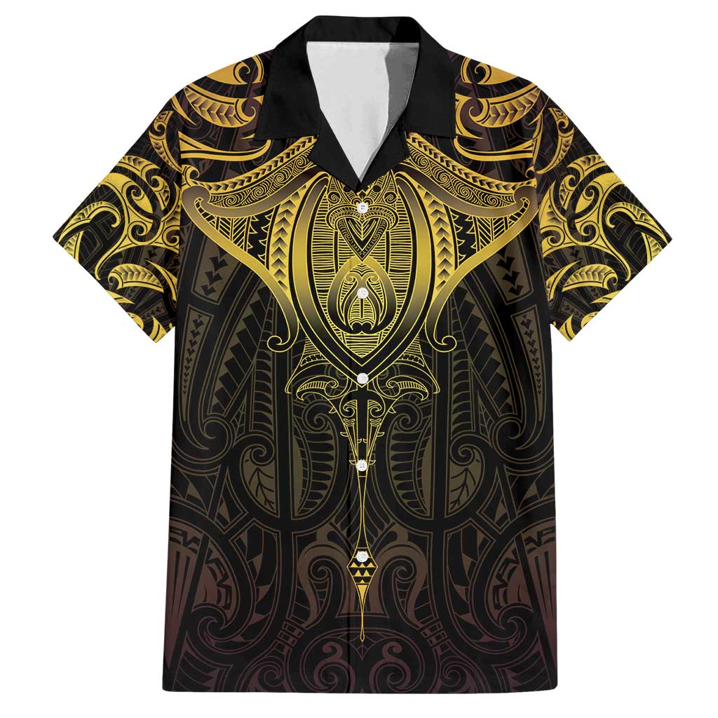 New Zealand Aotearoa Family Matching Off Shoulder Maxi Dress and Hawaiian Shirt Maori Manta Ray Moko Gold - Polynesian Pride