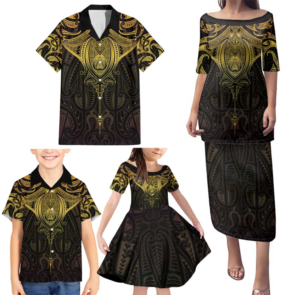 New Zealand Aotearoa Family Matching Puletasi and Hawaiian Shirt Maori Manta Ray Moko Gold - Polynesian Pride