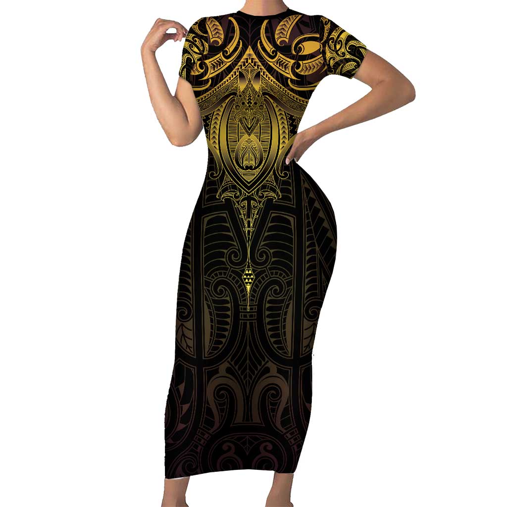 New Zealand Aotearoa Family Matching Short Sleeve Bodycon Dress and Hawaiian Shirt Maori Manta Ray Moko Gold - Polynesian Pride