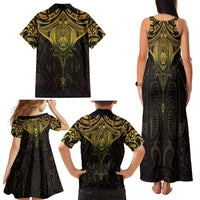New Zealand Aotearoa Family Matching Tank Maxi Dress and Hawaiian Shirt Maori Manta Ray Moko Gold - Polynesian Pride