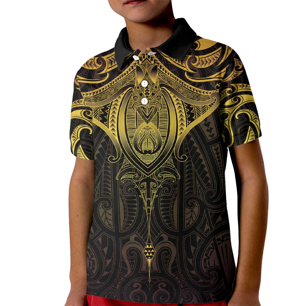 New Zealand Aotearoa Kid Polo Shirt Maori Manta Ray Moko Gold - Polynesian Pride