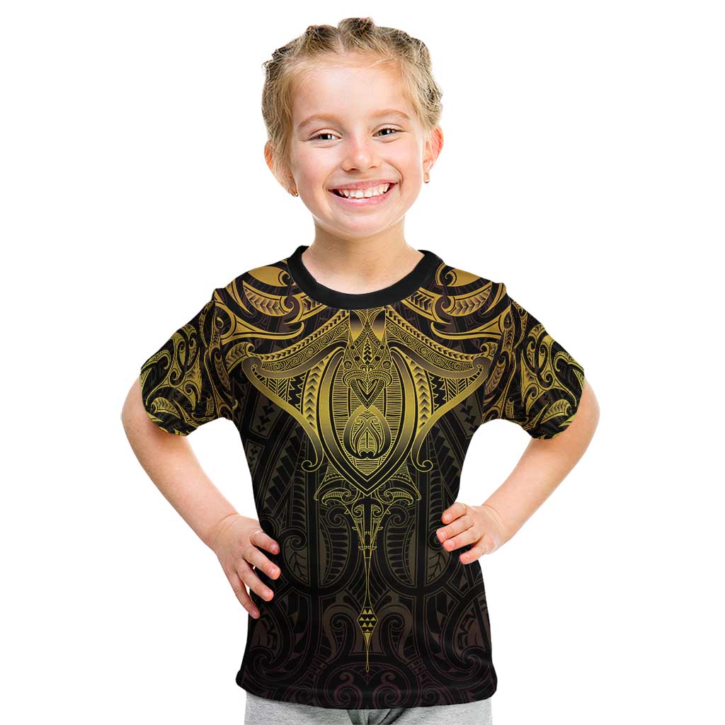 New Zealand Aotearoa Kid T Shirt Maori Manta Ray Moko Gold - Polynesian Pride