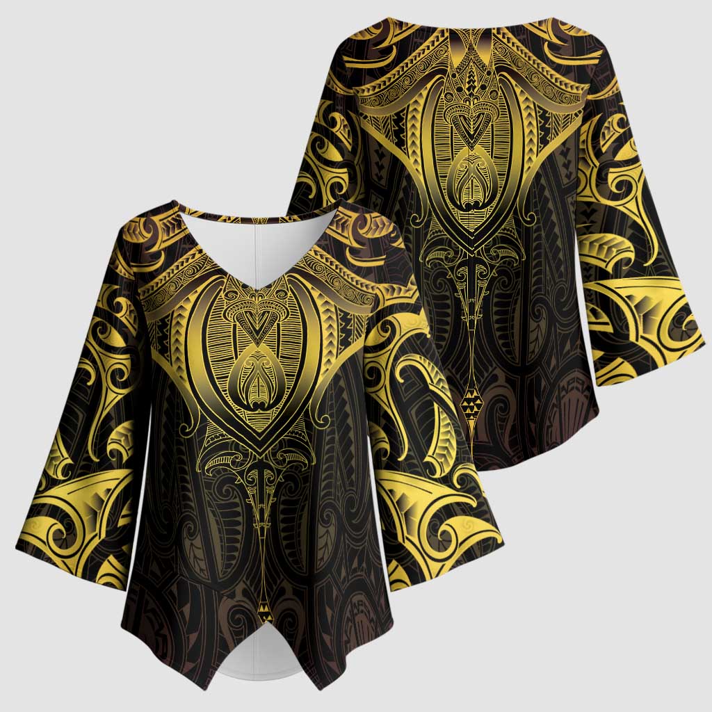 New Zealand Aotearoa Kimono Sleeve Blouse Maori Manta Ray Moko Gold - Polynesian Pride