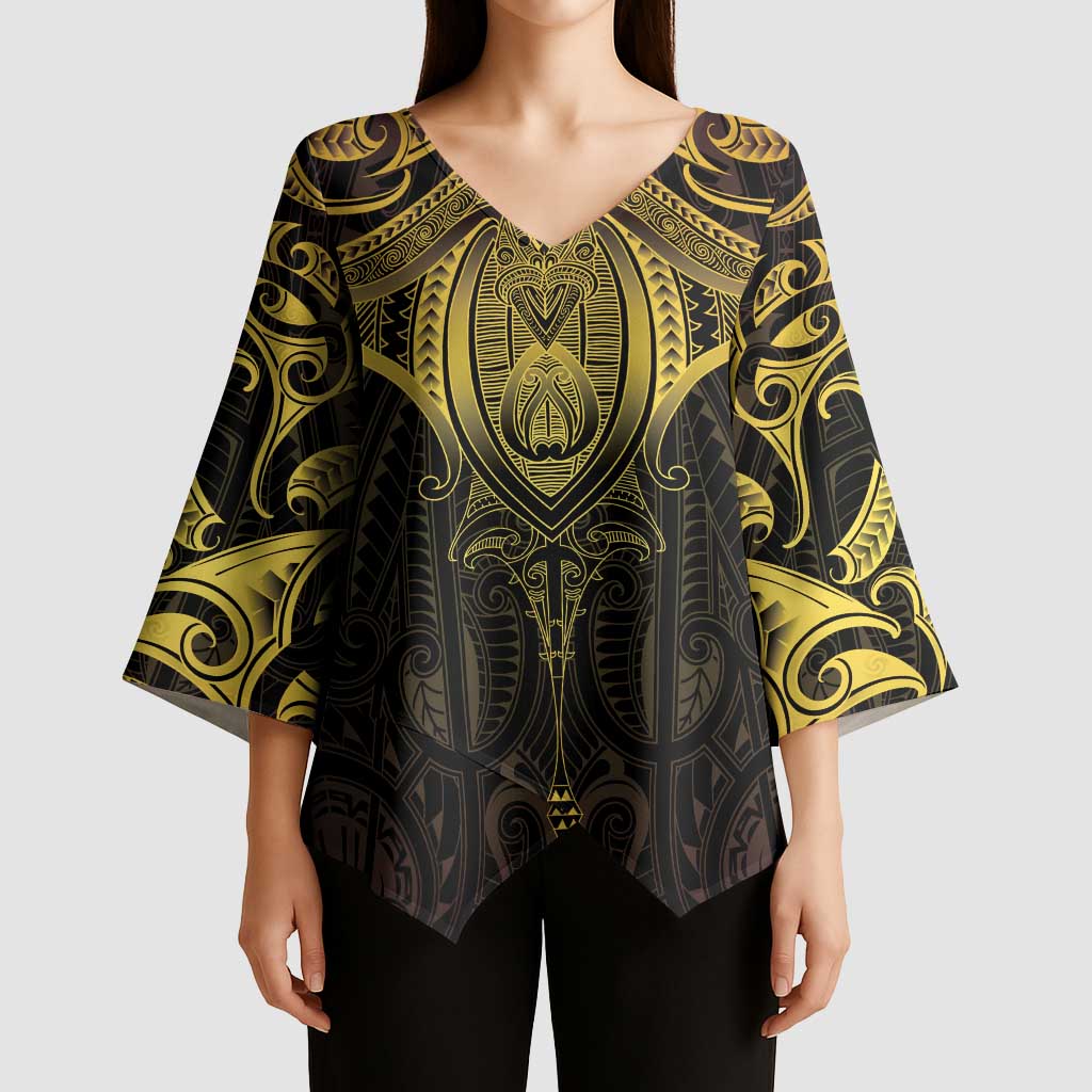New Zealand Aotearoa Kimono Sleeve Blouse Maori Manta Ray Moko Gold - Polynesian Pride