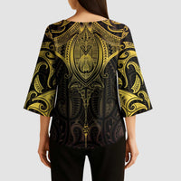 New Zealand Aotearoa Kimono Sleeve Blouse Maori Manta Ray Moko Gold - Polynesian Pride