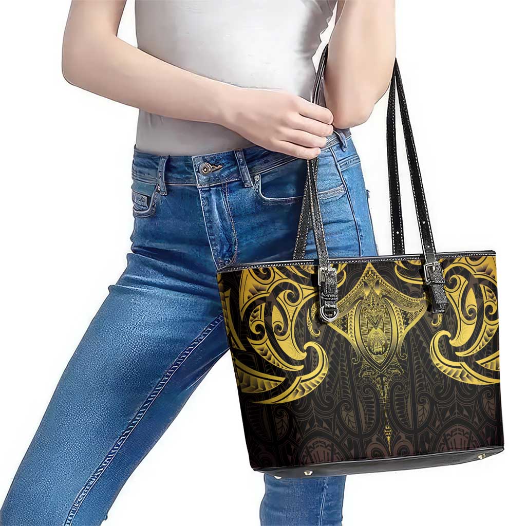 New Zealand Aotearoa Leather Tote Bag Maori Manta Ray Moko Gold - Polynesian Pride