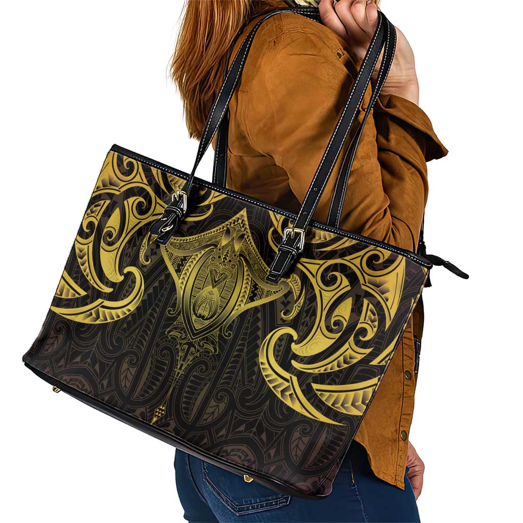 New Zealand Aotearoa Leather Tote Bag Maori Manta Ray Moko Gold - Polynesian Pride