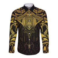 New Zealand Aotearoa Long Sleeve Button Shirt Maori Manta Ray Moko Gold - Polynesian Pride