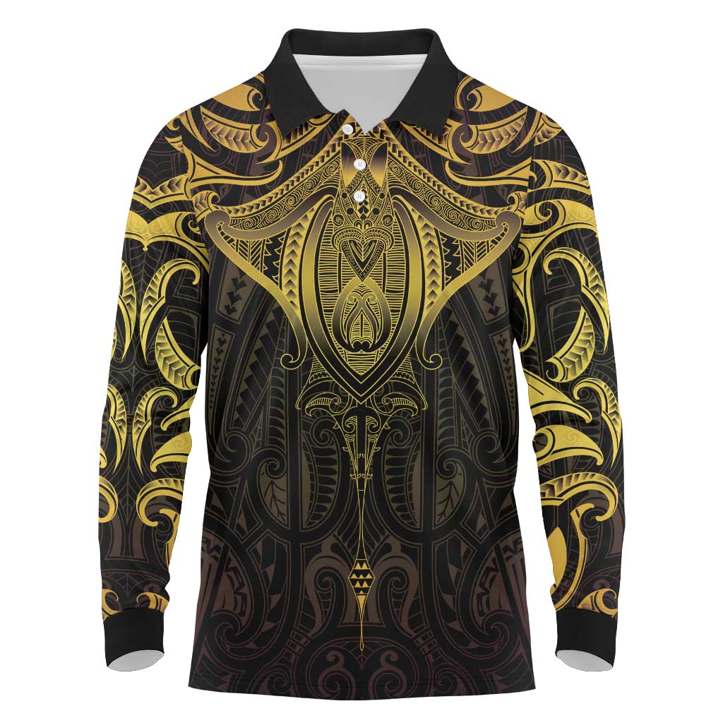 New Zealand Aotearoa Long Sleeve Polo Shirt Maori Manta Ray Moko Gold - Polynesian Pride
