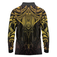 New Zealand Aotearoa Long Sleeve Polo Shirt Maori Manta Ray Moko Gold - Polynesian Pride