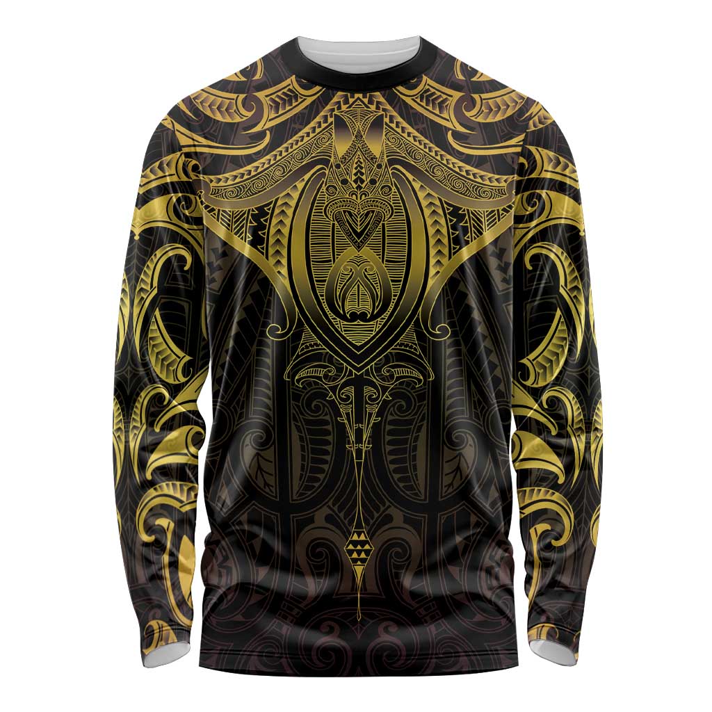 New Zealand Aotearoa Long Sleeve Shirt Maori Manta Ray Moko Gold - Polynesian Pride