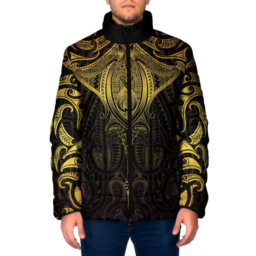 New Zealand Aotearoa Padded Jacket Maori Manta Ray Moko Gold - Polynesian Pride