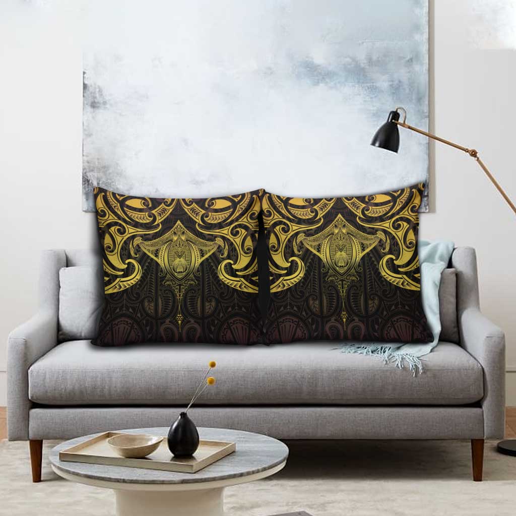 New Zealand Aotearoa Pillow Cover Maori Manta Ray Moko Gold - Polynesian Pride