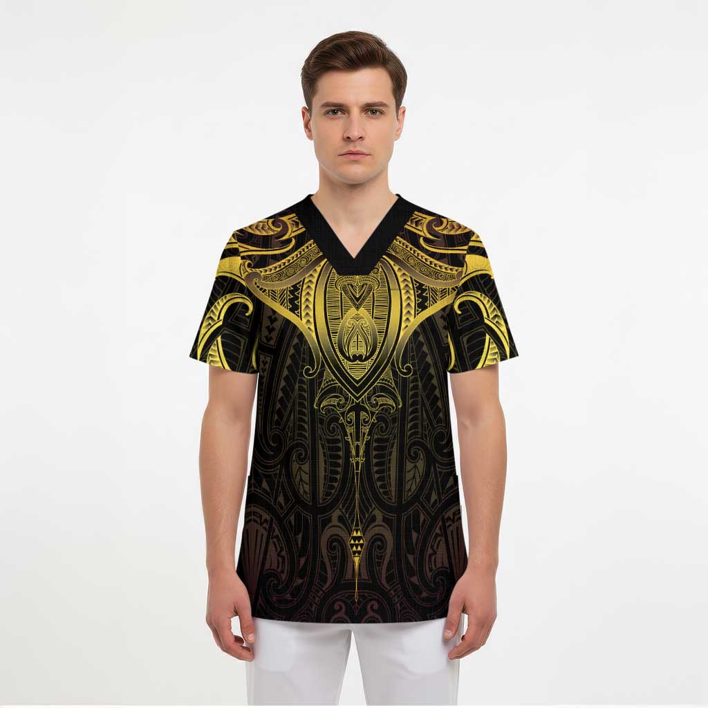 New Zealand Aotearoa Scrub Top Maori Manta Ray Moko Gold - Polynesian Pride