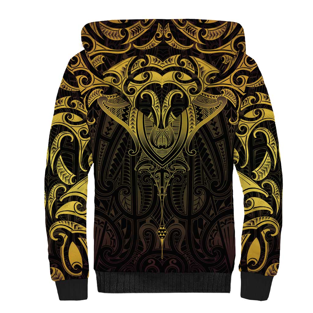 New Zealand Aotearoa Sherpa Hoodie Maori Manta Ray Moko Gold - Polynesian Pride