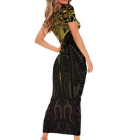 New Zealand Aotearoa Short Sleeve Bodycon Dress Maori Manta Ray Moko Gold - Polynesian Pride