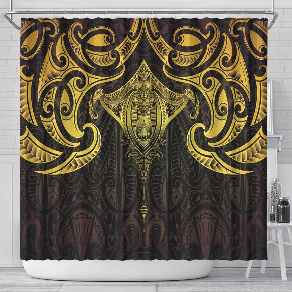 New Zealand Aotearoa Shower Curtain Maori Manta Ray Moko Gold - Polynesian Pride