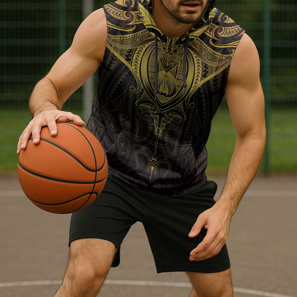 New Zealand Aotearoa Sleeveless Hoodie Maori Manta Ray Moko Gold - Polynesian Pride