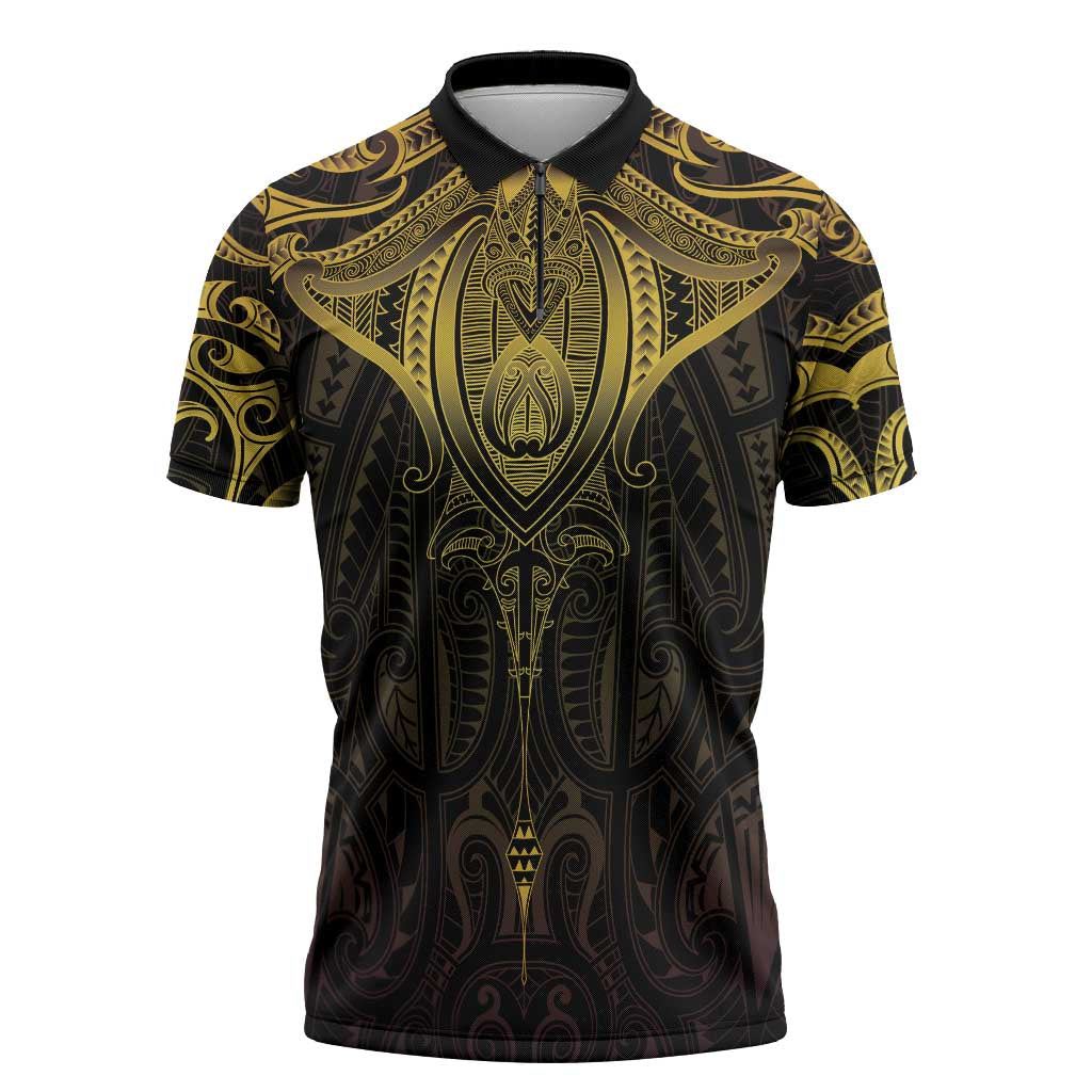 New Zealand Aotearoa Zipper Polo Shirt Maori Manta Ray Moko Gold - Polynesian Pride