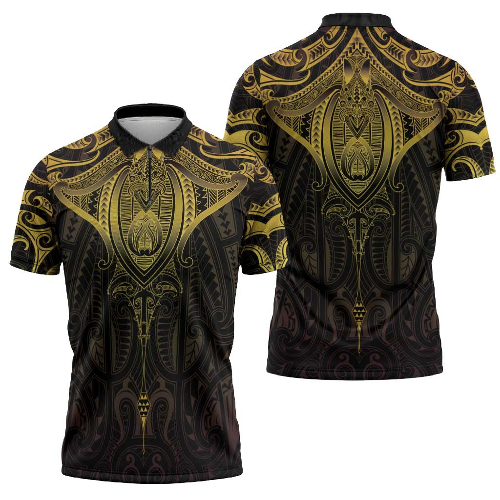 New Zealand Aotearoa Zipper Polo Shirt Maori Manta Ray Moko Gold - Polynesian Pride