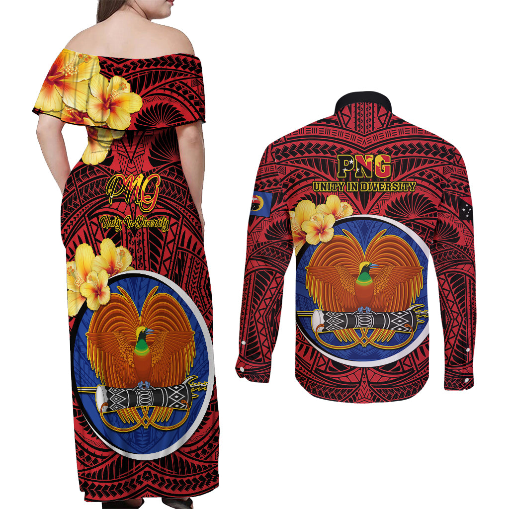 Papua New Guinea Gulf Province Couples Matching Off Shoulder Maxi Dress and Long Sleeve Button Shirts Mix Coat Of Arms Polynesian Pattern LT05 - Polynesian Pride